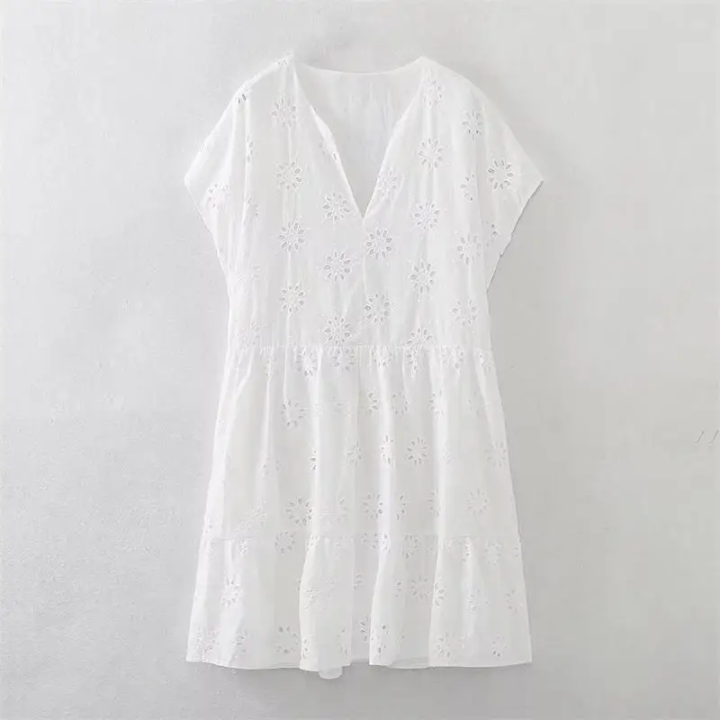 

TRAF Dress Summer Women's 2023 New Chic Embroidered Straight Beige Dresses Women's Street Fashion Elegant Mini Youth Dress