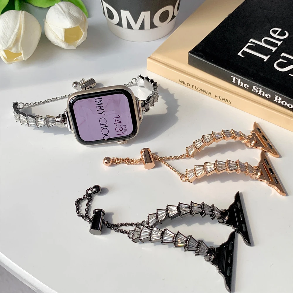 Rose Gold Slim Metal Band for Apple Watch 8 7 Ultra 49mm 41 45mm 40 44mm Women Diamond Bracelet for IWatch Series 8 6 3 4 5 Se 2