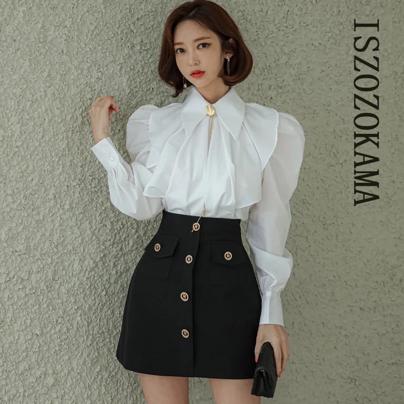 

ISZOZOKAMA 2 piece set white long Sleeve tops and Mini black party skirt Sexy formal suit for women