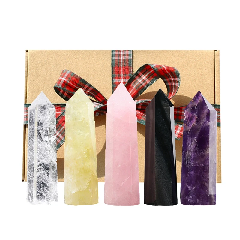 

Natural Healing Gemstones Amethyst Rose Quartz Crystal Column Set Gift Box Reiki Meditation Energy Mineral Crafts Home Decor