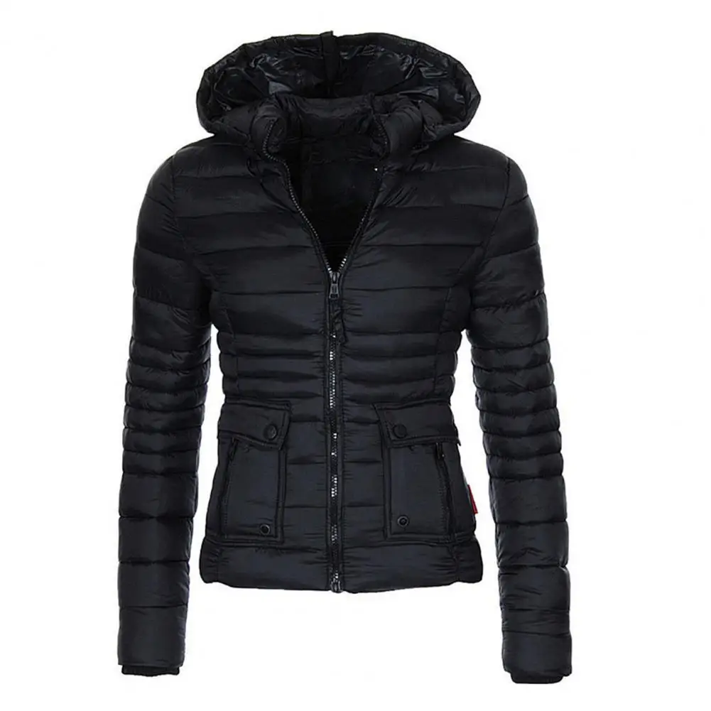 Dropshipping!Women Coat Hooded Stand Collar Long Sleeve Zipper Pockets Winter Coat Thickened Cotton Padded Jacket Short Overcoat