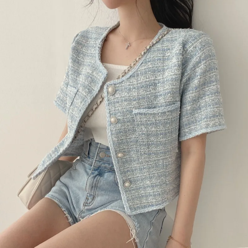 

Short Sleeve Tweed Coat Suits Korean Style Y2k Striped Shirt Women Spring Summer Crop Tops Blue Plaid Cardigan Jacket