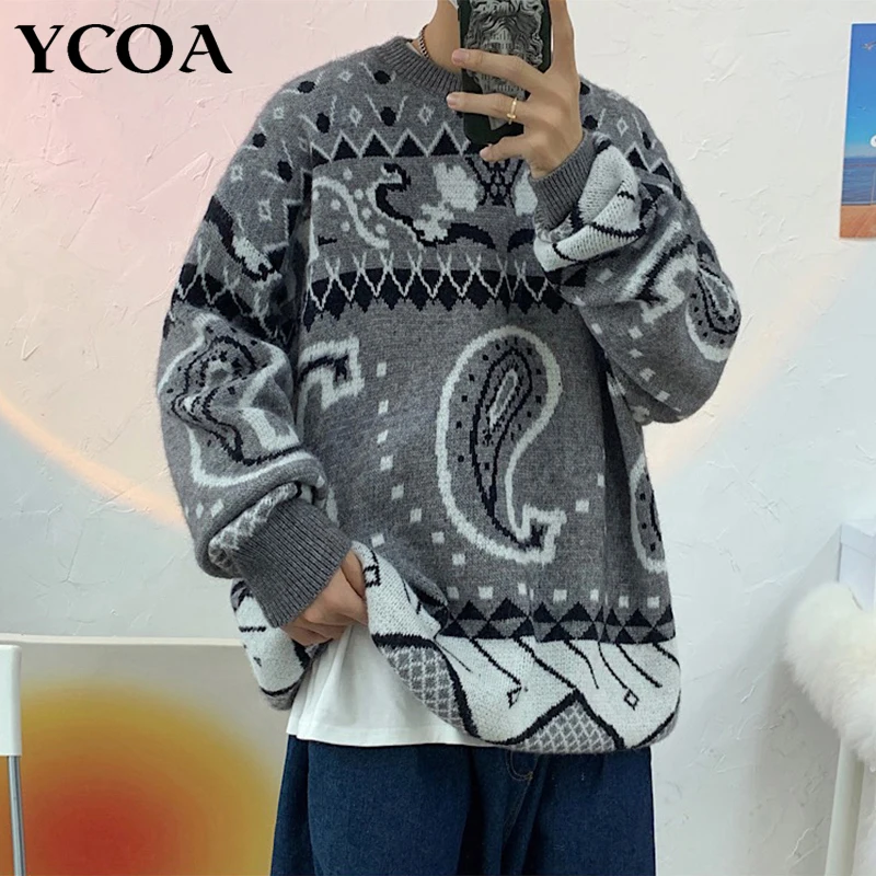 

Мужской Свитер оверсайз в стиле Харадзюку, винтажный джемпер с графическим принтом в Корейском стиле, топ Y2k, уличная вязаная одежда, зима