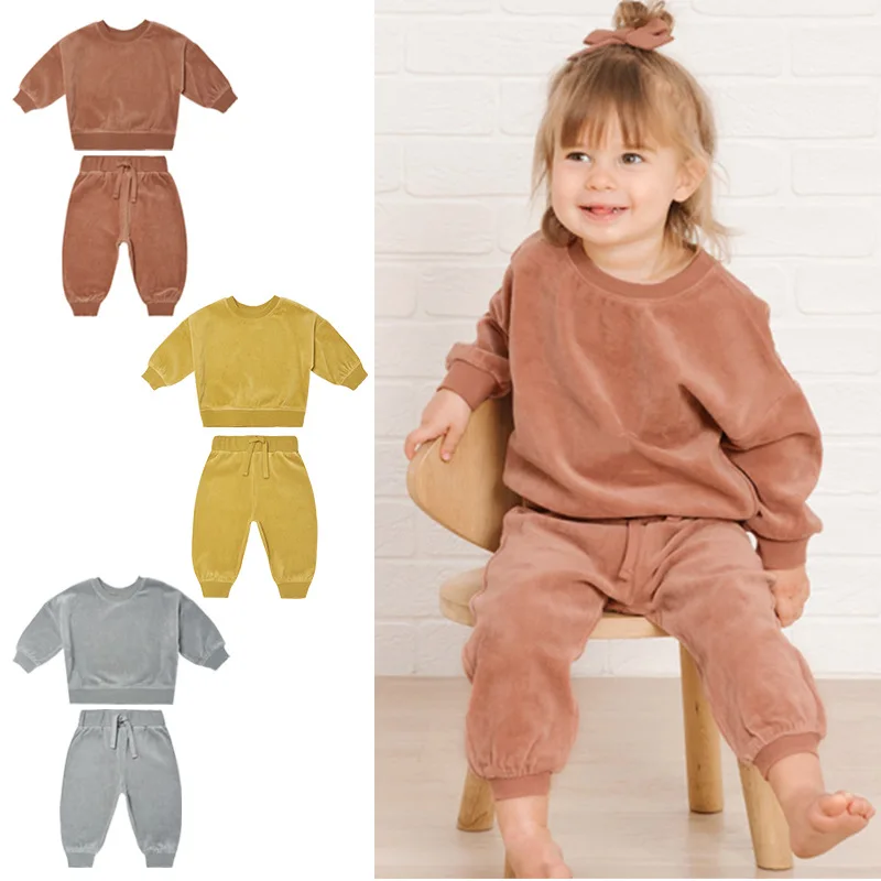 

Kids Fleece Sweatshirts Solid Simple Tops And Loose Sweatpants Casual Comfortable Sweatsuit Clothing Organic Cotton O-neck Set