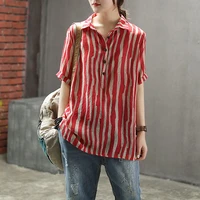 vintage turn down collar striped female shirt womens clothing summer 2022 loose fashion button half sleeve pullovers blouses
