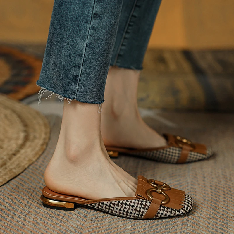 

Women's Slippers Retro Houndstooth Tassel Casual Shoes for Woman Summer Outdoor Ladies Slides Metal Buckle Low Heel Sandals