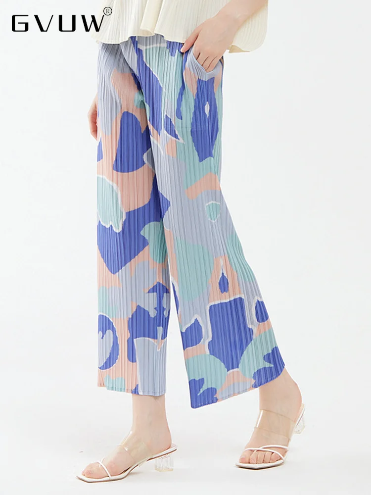 

Плиссированные широкие брюки GVUW с цветным принтом, женские свободные повседневные брюки с карманами и эластичной талией, лето 2023, 17D1262