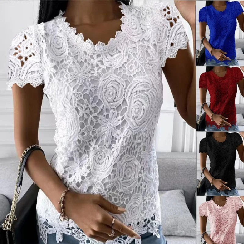 

2023 Summer New Fashion Casual Trend White T-shirt Fairy Lace Top Women's Short Sleeve Temperament Large Loose Fit Women's Top