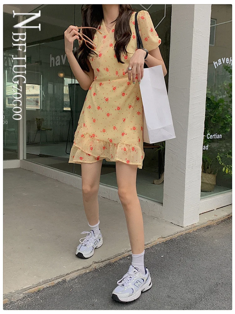 

New French Floral Puff Sleeve Women Dress Sweet V Neck Female Dresses