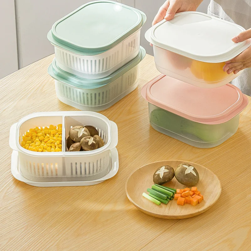 

Refrigerator Fruit Drainer Double Layers Refrigerator Organizer with 2 Grids & Lids Stackable PP Kitchen Storage Box TH
