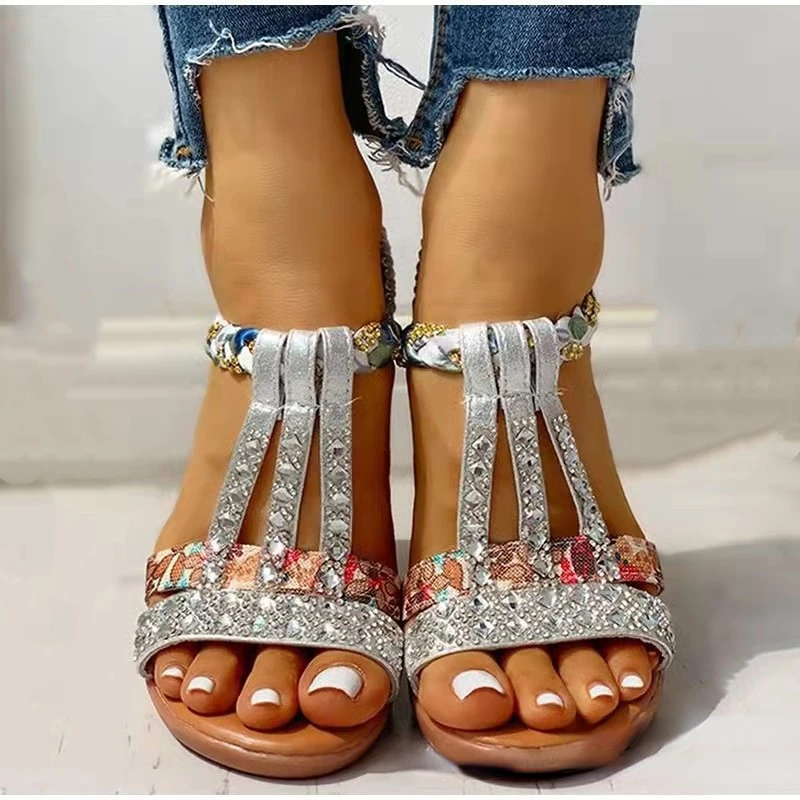 

Women Wedge Sandals Summer 2022 New Bohemia Casual High Heels Sandals Fashion Female Peep Toe Rhinestones Outdoor Beach Shoes