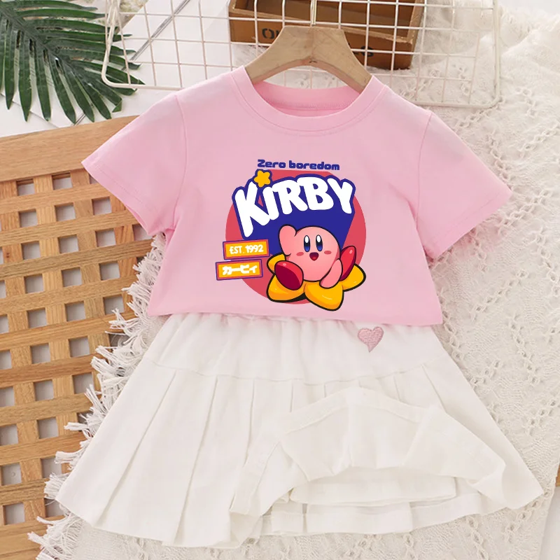 Фото Футболка Kirbys, комплект юбок, милая летняя плиссированная юбка с короткими рукавами, одежда принцессы для девочек, кавайный игровой топ, детское платье, подарок на день рождения №2