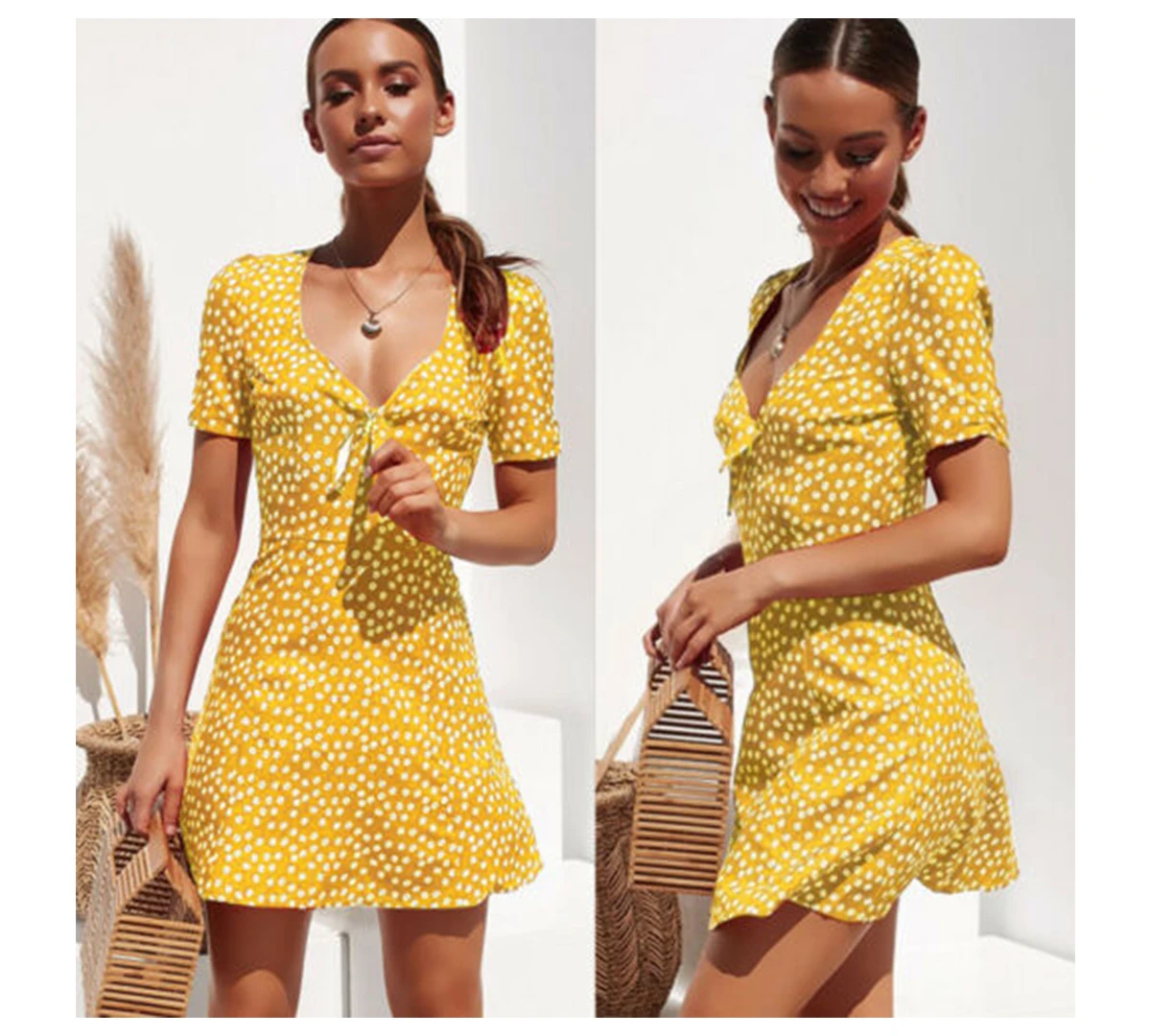 

Fashion Women Short Sleeve Wrap Boho Floral Mini Dress Ladies Summer Holiday Party Sundress Female vestidos