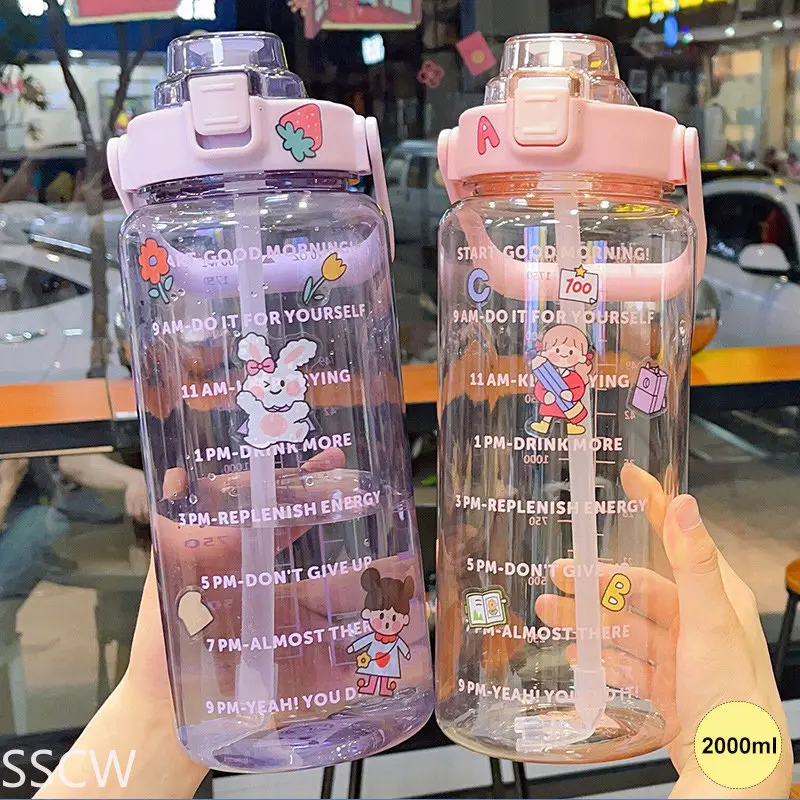 2 Litre Water Bottle with Straw Sport Fitness Jug Portable Travel Kettle for Girls Summer Cold Water Drinking Bottle Plastic Cup