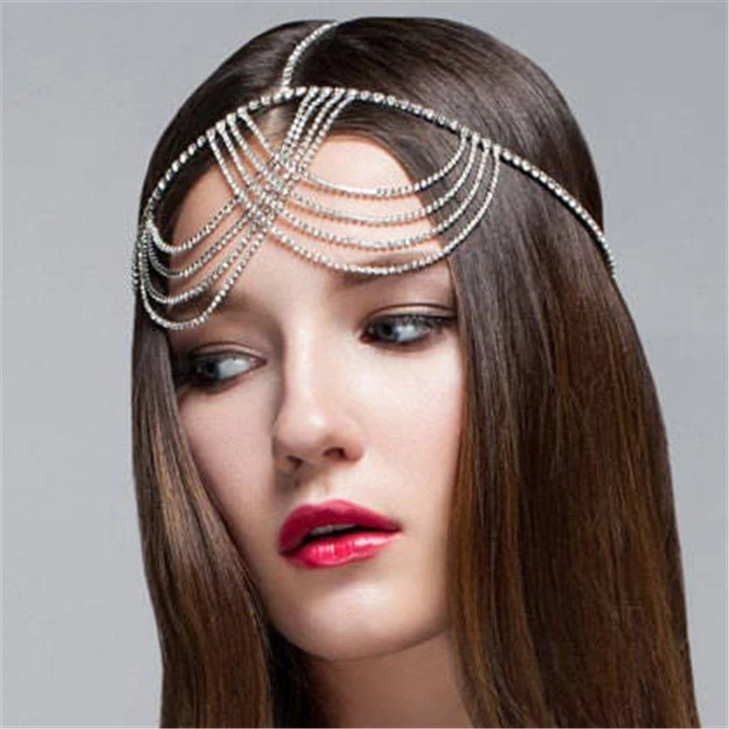 

INS Fashion Multilayer Rhinestone Cross Fringe Head Chain Boho Bride Wedding Shiny Crystal Forehead Chain Jewelry Accessories