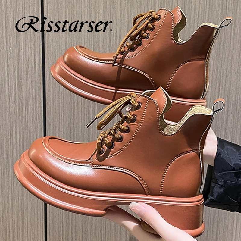 Risstarser Women Ankle Boots PU Leather Female Platform Shoes Round Toe Lace-up Women Short Boot Solid Retro Women Boots