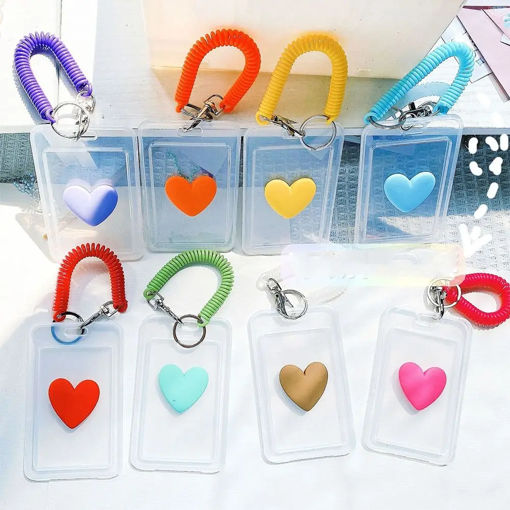 

Love Heart Transparent Card Hold Plastic Elastic Strap Access Card Protective Case with Keychain Korean Style Women Card Cover