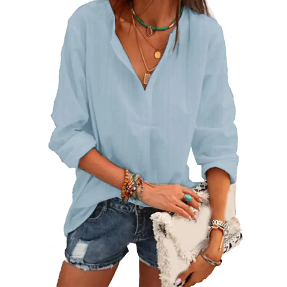 

New Women V-Neck Cotton Linen Long Sleeve Blouse Autumn Shirt Solid Color Pullover Casual Shirt Loose Tops Tunic Blusas