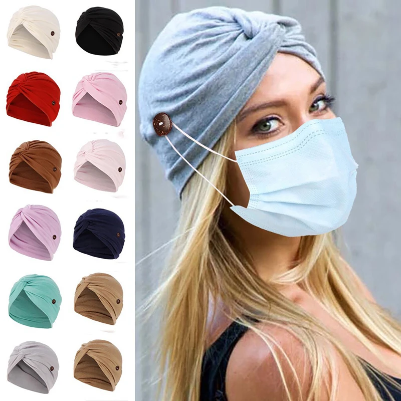 

New Arrival Plain Chemo Hat Bandana Without/With Button Women Muslim Caps Solid Color Turban Head Wrap Headband Knotted Scarf