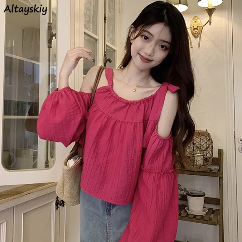

Blouses Women Sweet Gentle Loose Casual Spring New Graceful Age-reducing Minority Off Shoulder Korean Style Girlish Fashion Tops