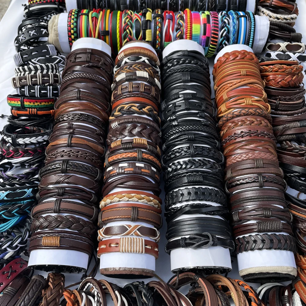 

30PCS/Pack Wholesale Bulk Lots Mix Styles Braided Ethinc Tribal Leather Cuff Bracelets Men's Women's Jewelry Party Gifts MX4