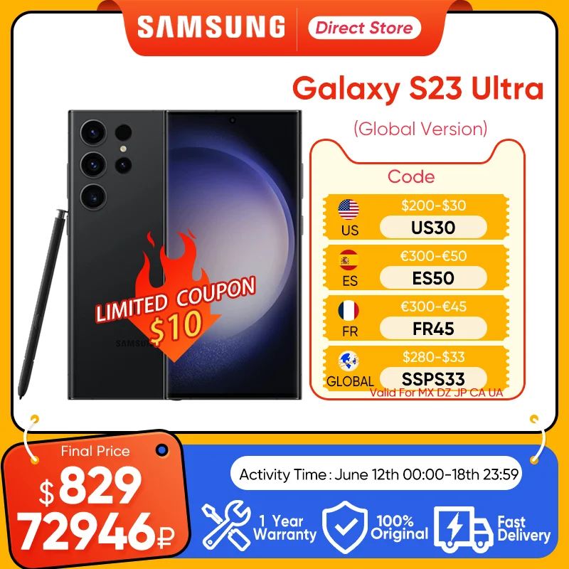 New Samsung Galaxy S23 Ultra Mobile Phone 256GB/512GB Snapdragon 8 Gen 2 Android 13 Phone 6.8