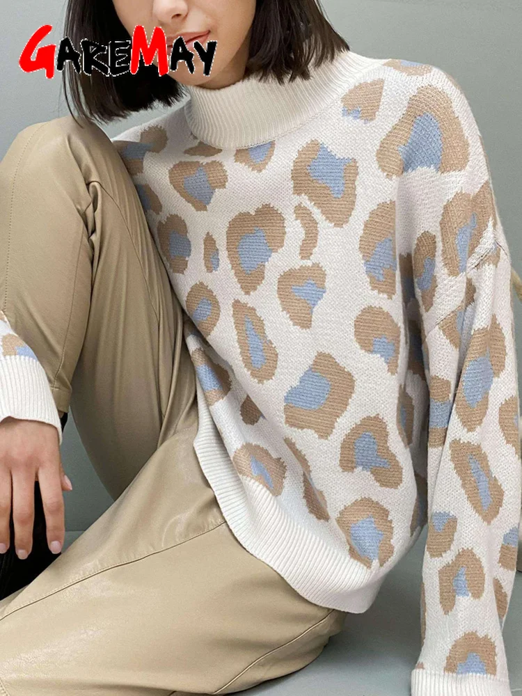 

Winter Women's Sweater 2022 Leopard Print Animal Basic White Turtleneck Oversize Jumper Vintage Warm Knitted Sweaters for Women
