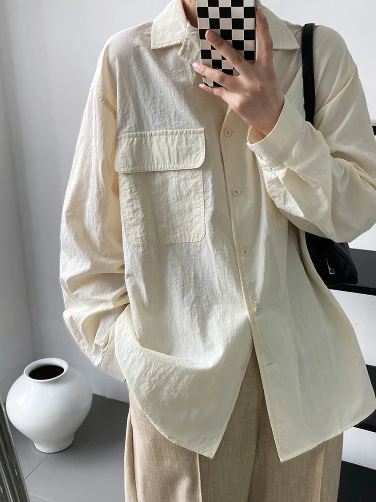 

Women Apricot Brief Casual Big Size Blouse New Lapel Long Sleeve Loose Fit Shirt Fashion Tide Spring Autumn 2022 M031