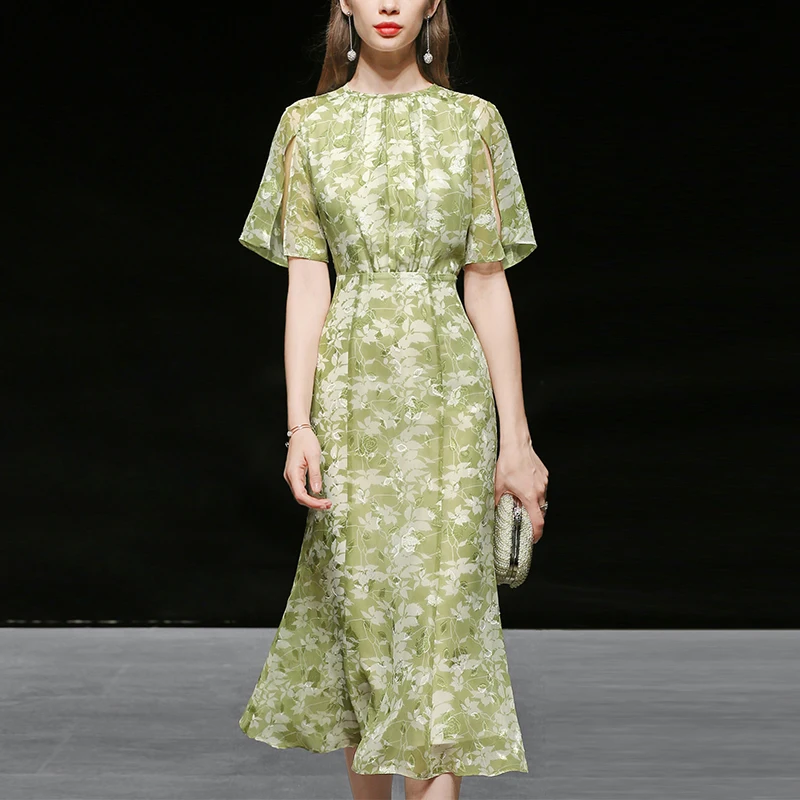 

Runway Designers Vintage Green Floral Printed Dresses for Women 2022 Summer Elegant Ruffles Midi Vestido Feminino