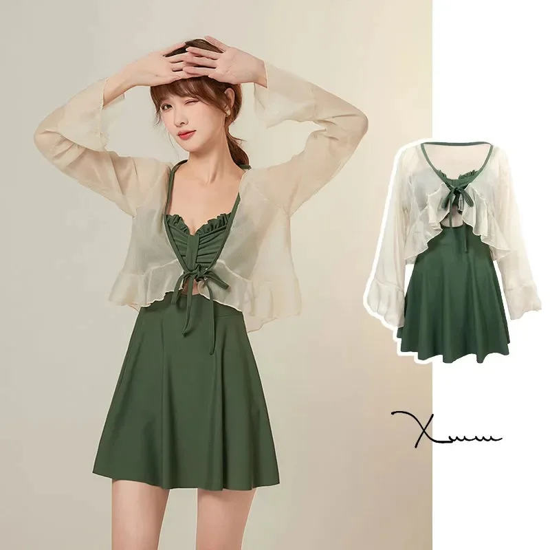 

Summer Women Swimsuit Two Piece Set High Waist Dress Tummy Control Swimwear with Long-sleeved Blouse 2023 Swimming Bathing Suits