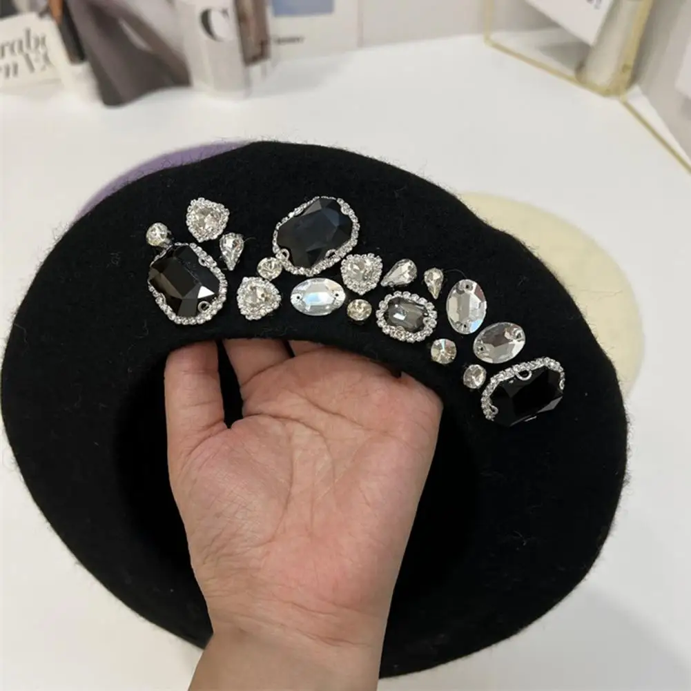 

Woolen Hat Thick Lady Beret Women Rhinestone Winter Artist French Beret