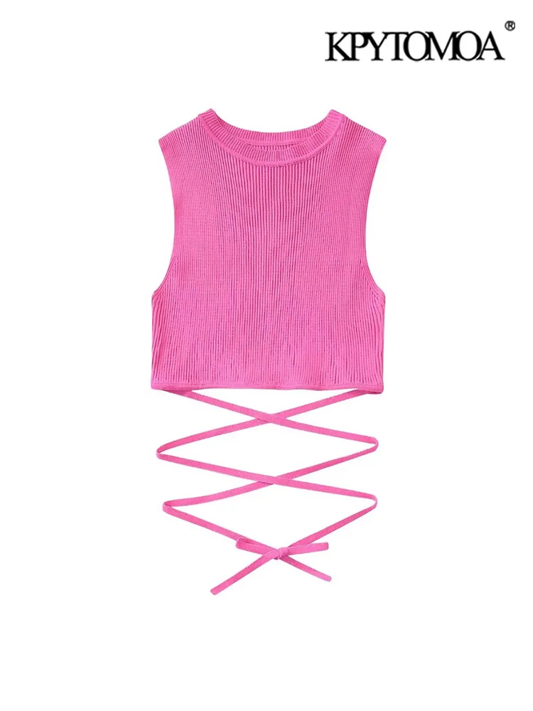 

KPYTOMOA Женская мода с ремнями на завязках укороченные топы винтажные женские майки без рукавов с круглым вырезом