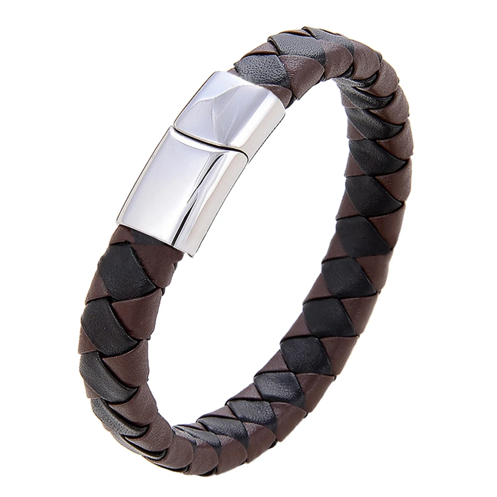 

New Classic Style Multi-color leather Simple Charm Business Men Stainless Steel Leather Braided Bracelet Bagnet Lock Bangle