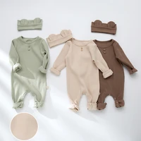 2022 newborn girls boys jumpsuit outfit with headband solid color long sleeve clothes spring autumn toddler baby romper 6 18m