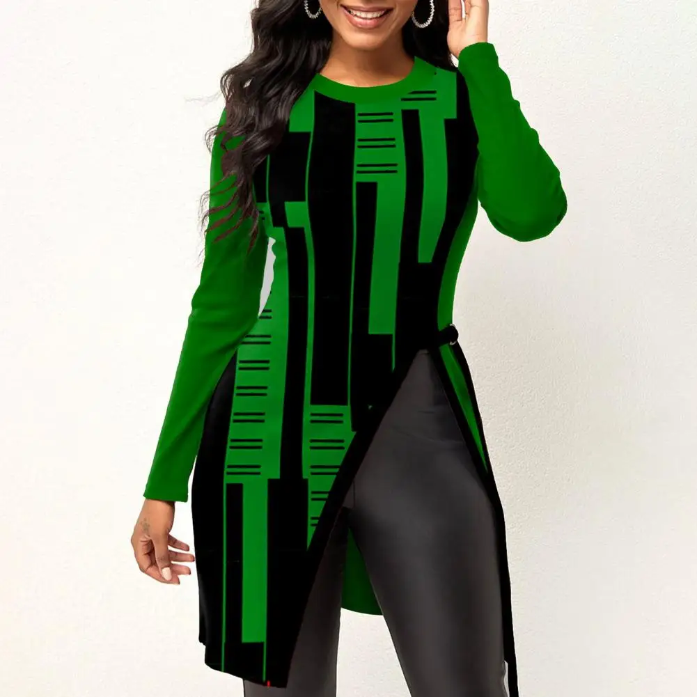 

Side Split Hem Blouse Geometric Print Blouse Stylish Mid-length Pullover for Women's Autumn-winter Streetwear Round Neck