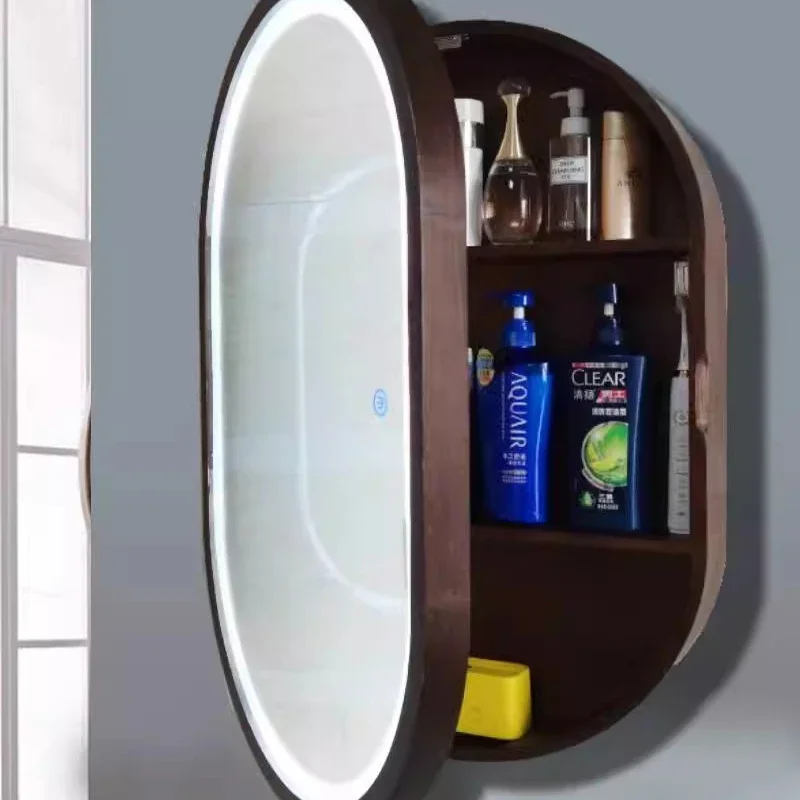 Овальный зеркальный шкаф для хранения в ванной комнате с подсветкой настенный