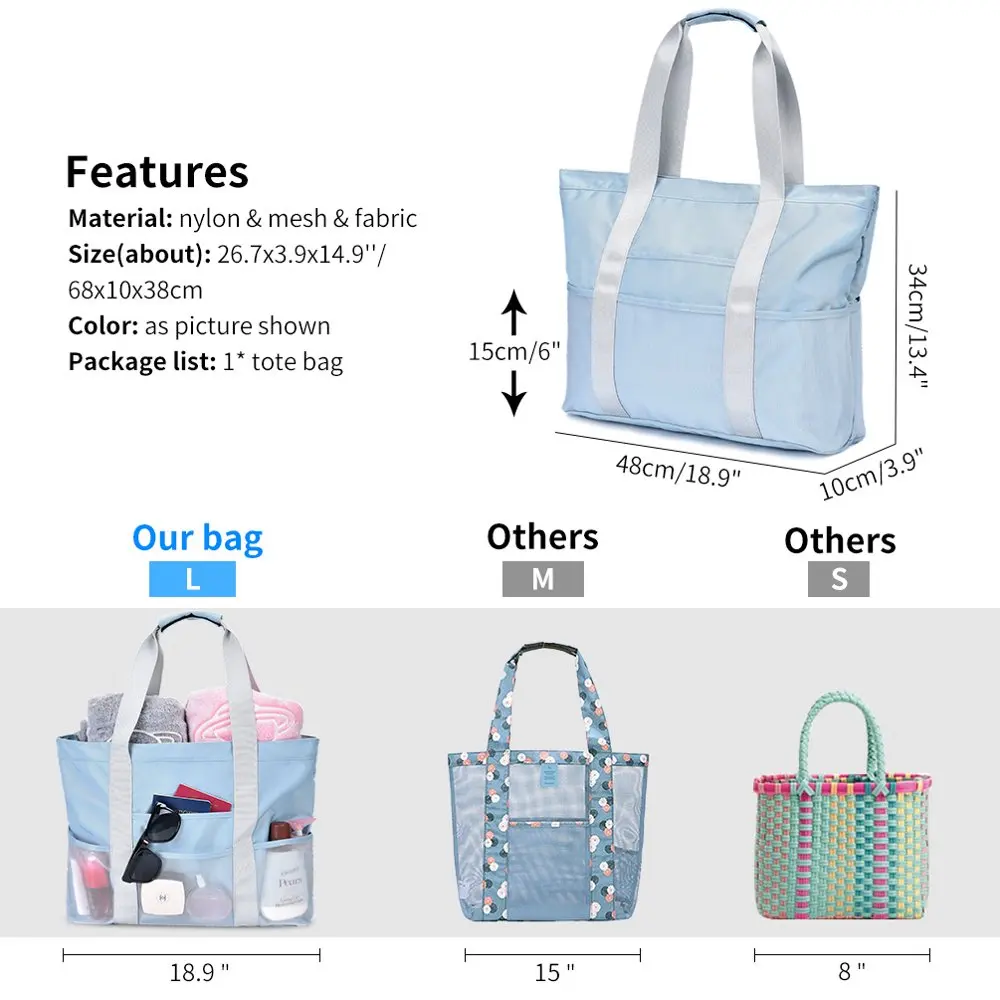 Mesh Beach Bag  Women Large Lightweight Waterproof Sandproof Beach Tote Bags with 8 Side Pockets  Gym Beach Travel Shopping Picn