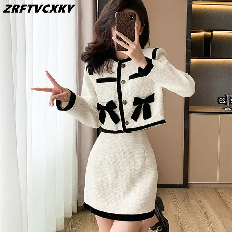 

Женский твидовый комплект из двух предметов, модный пиджак с бантом и мини-юбка, осенне-зимний костюм из двух предметов