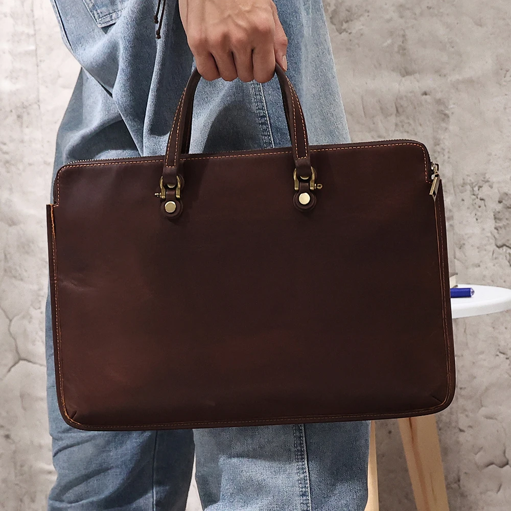 

Coffee Genuine Leather A4 Office Executive 14‘’ Laptop Bag for 15.4'' Macbook Pro Women Men Briefcase Portfolio Handbag M2120