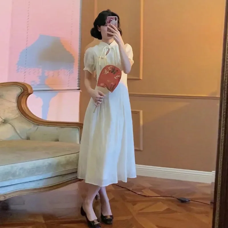 

Cheongsam Embroidery Long Dresses Hepburn Flower Puff Sleeve China Elegance Summer Vintage Vestidos New