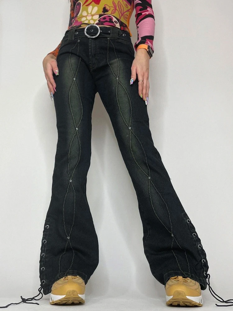 

Low Waist Y2K Flared Jeans Side Eyelet Tie Up Grunge Denim Trousers Women Vintage Aesthetic Streetwear Jogger Pants