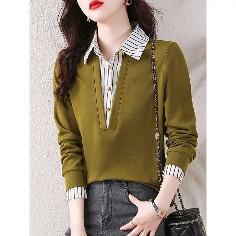 

Fashion Lapel Button Spliced Striped Fake Two Pieces Blouse Women's Clothing 2023 Spring New Casual Pullovers Office Lady Shirt
