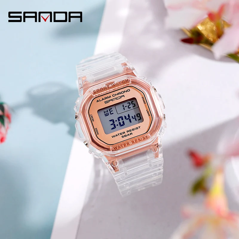 SANDA Outdoor Sports Trend Womens Electronic Watches Transparent Resin Strap HD LED Digital Display 50M Waterproof Reloj Mujer