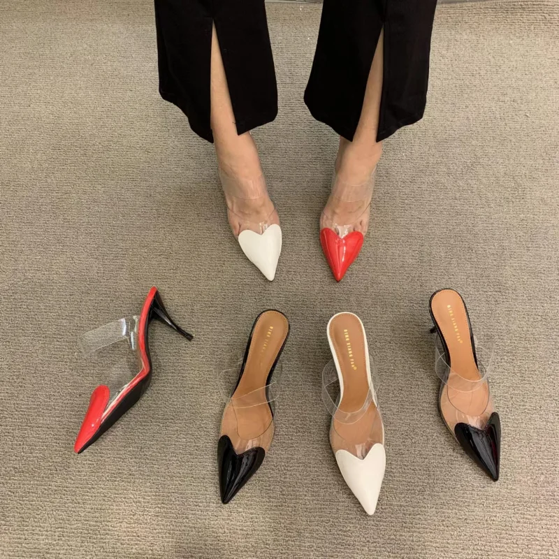 

Baotou Women's Slippers 2023 Transparent Slippers with Sexy Thin Heels Red Heart High Heel Slippers Designer Sandals Shoes heel