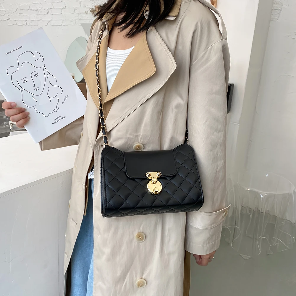 

Fashion Crossbody Bags Solid Chain Elegant Handbags 2020 Lattice Pattern PU Women Fashion Trend Ladies Shoulder Handbag