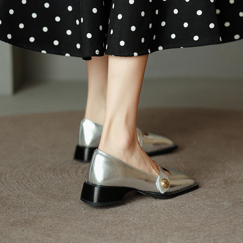 34-40 large size silver women's shoes cow leather middle heel thick heel square head sheepskin insole buckle lace women's shoes