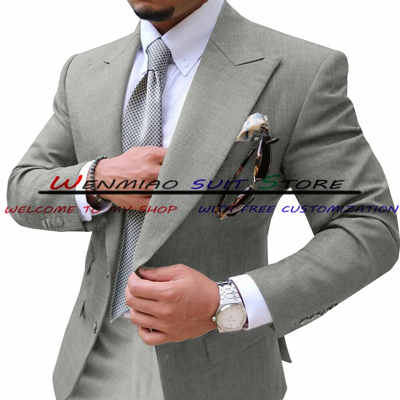 Point Lapel Wedding Groom Tuxedo Men's Suit Two Piece Grey Formal Business Blazer Pants Suit Male Jacket