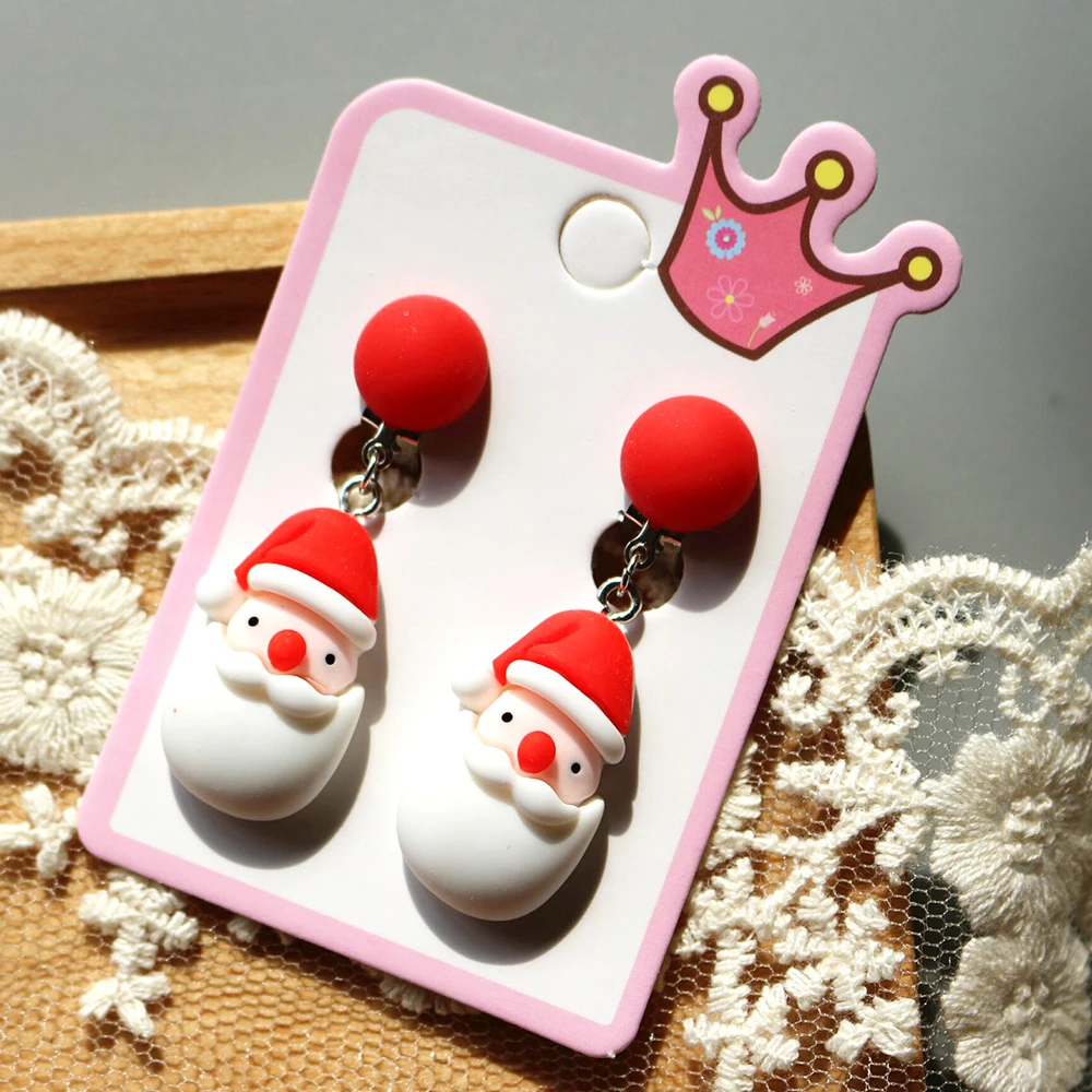 

11 Styles Christmas Cute Red Santa Claus Snowman Deer Animals No Pierced Clip on Earrings for Children Girls