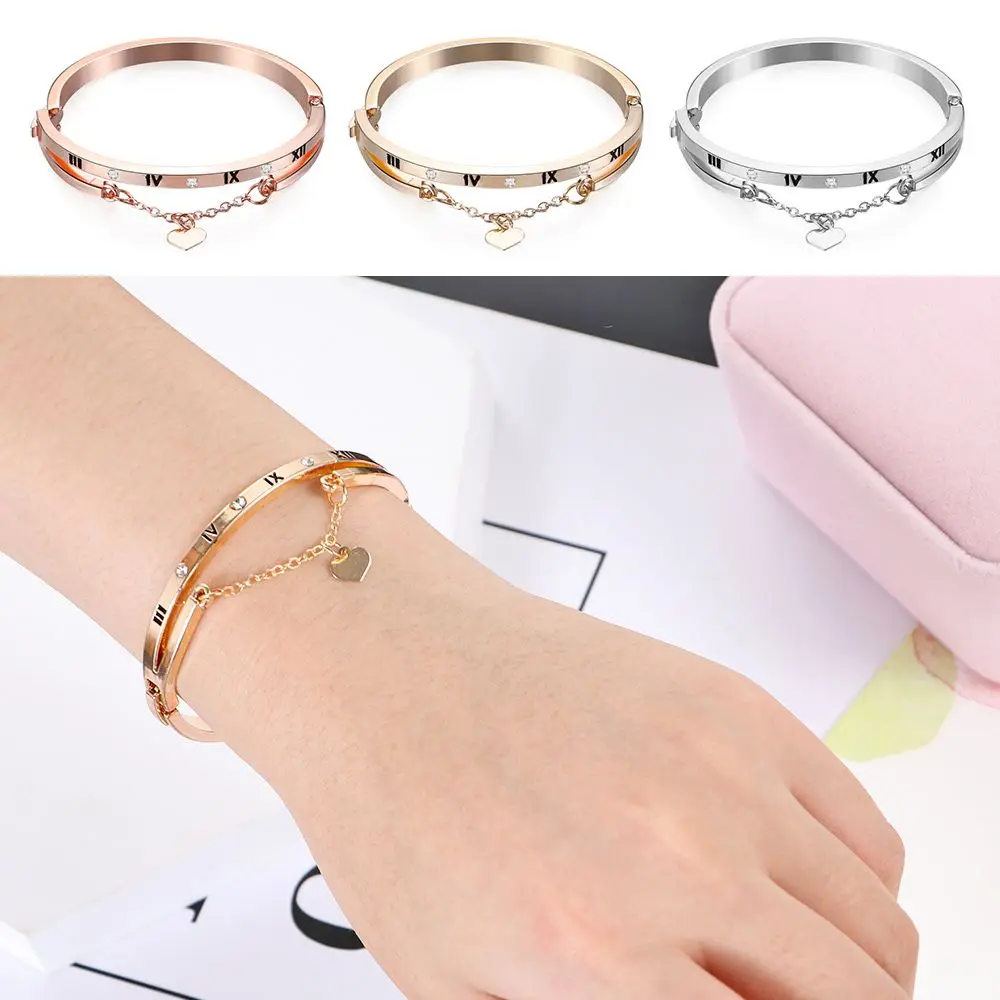

Charm Forever Love Rose Gold Women Cuff Bangles Heart Dangle Bracelet Stainless Steel Roma Letter