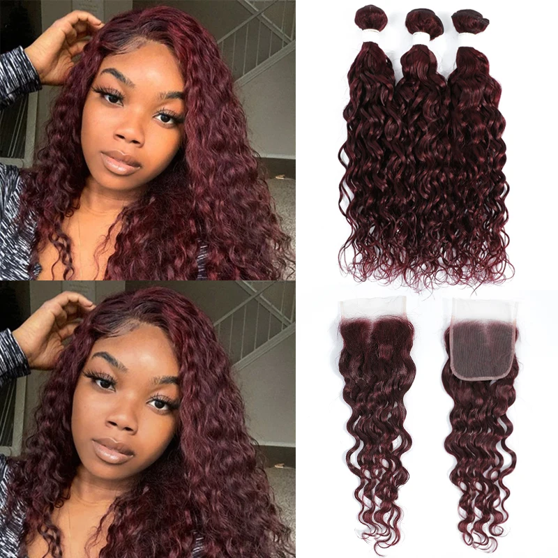 Water Wave Human Hair Bundles With Closure 99J Red Colored Hair Weave Bundles With Closure Brazilian Remy Hair Bundle 3PCS